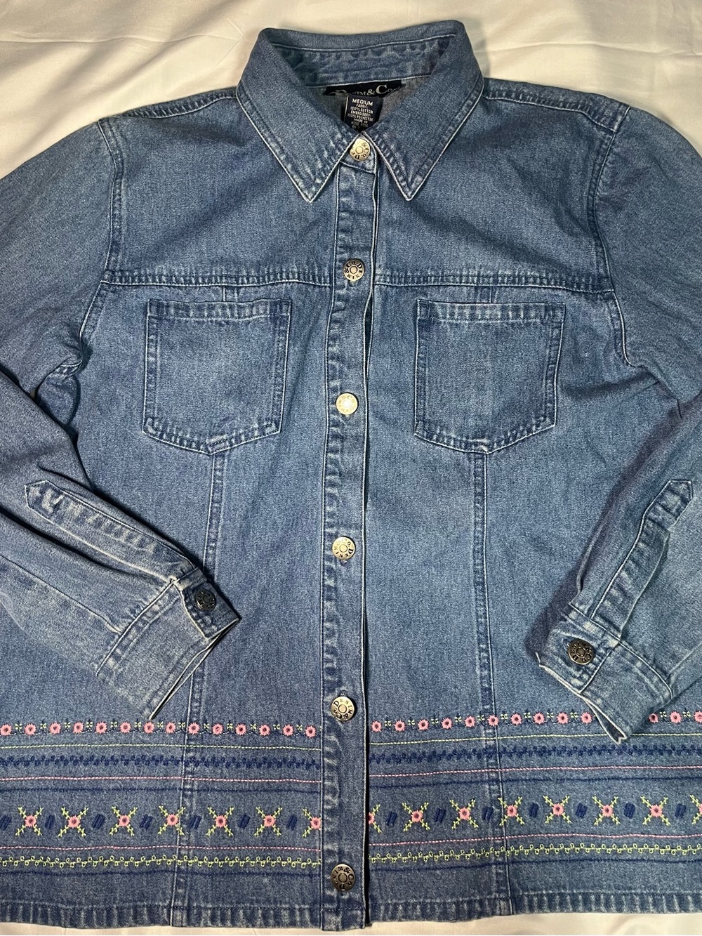Vintage Denim & Co Womens M Blue Denim Jean Jacket Embroidered‎ Floral Button